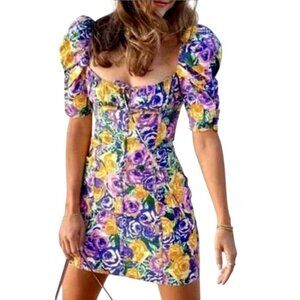 Zara Dress Women Medium Purple Yellow Floral Balloon Sleeve Corset Style‎ Mini